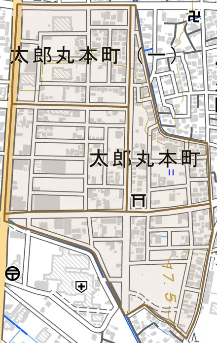 太郎丸本町とその周辺の地図。町の範囲を重ねている