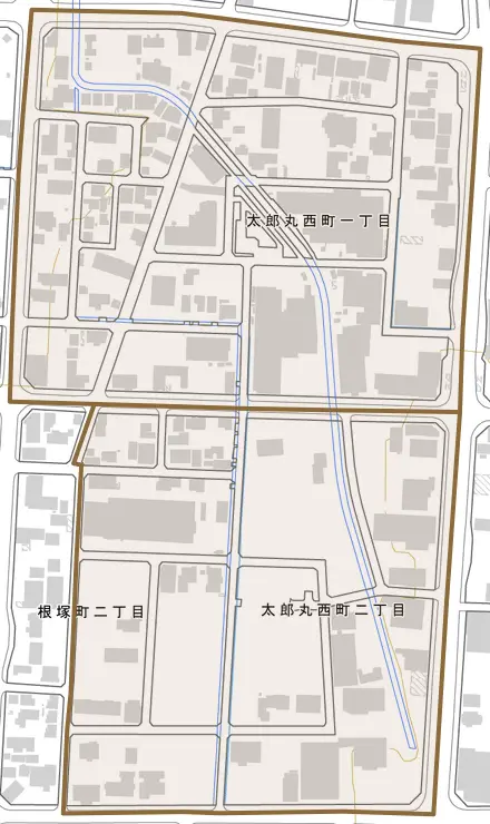 太郎丸西町とその周辺の地図。町の範囲を重ねている