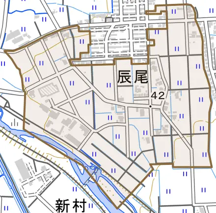 辰尾とその周辺の地図。町の範囲を重ねている
