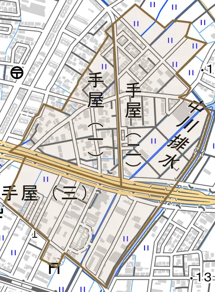 手屋とその周辺の地図。町の範囲を重ねている