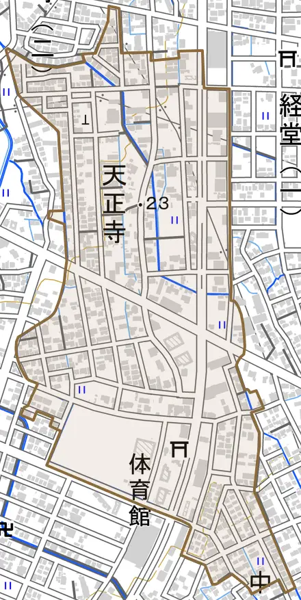 天正寺とその周辺の地図。町の範囲を重ねている