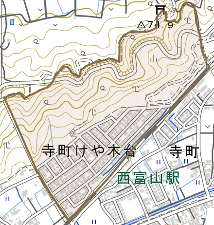 寺町けや木台とその周辺の地図。町の範囲を重ねている