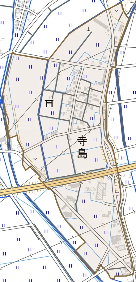 寺島とその周辺の地図。町の範囲を重ねている