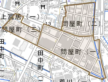問屋町とその周辺の地図。町の範囲を重ねている