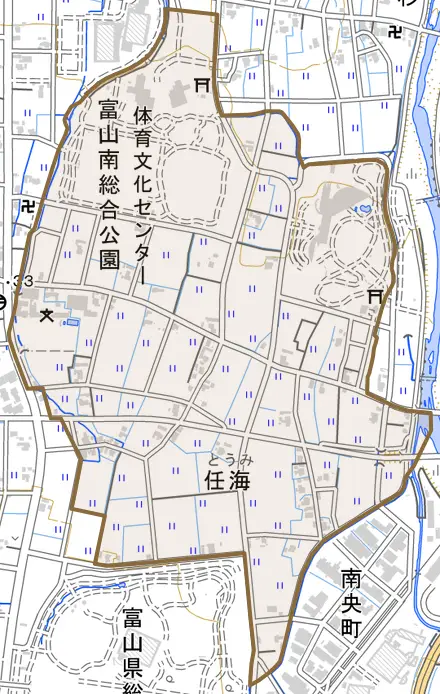 任海とその周辺の地図。町の範囲を重ねている