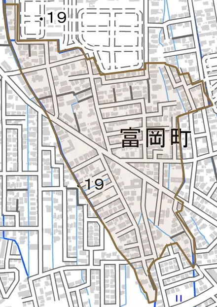 富岡町とその周辺の地図。町の範囲を重ねている