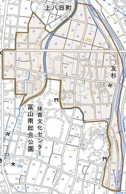 友杉とその周辺の地図。町の範囲を重ねている