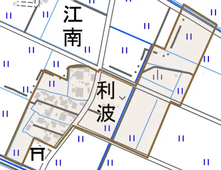 利波とその周辺の地図。町の範囲を重ねている