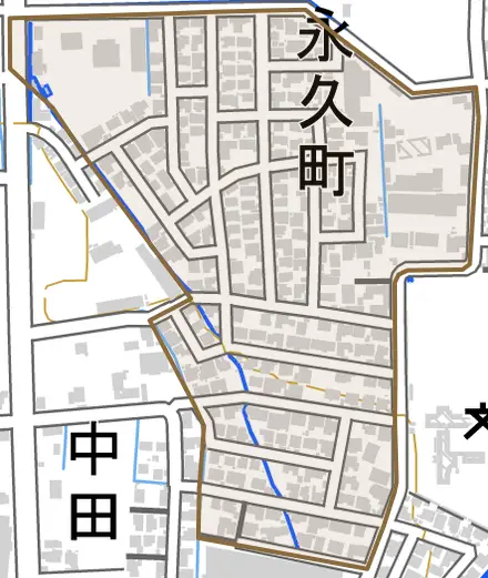 永久町とその周辺の地図。町の範囲を重ねている