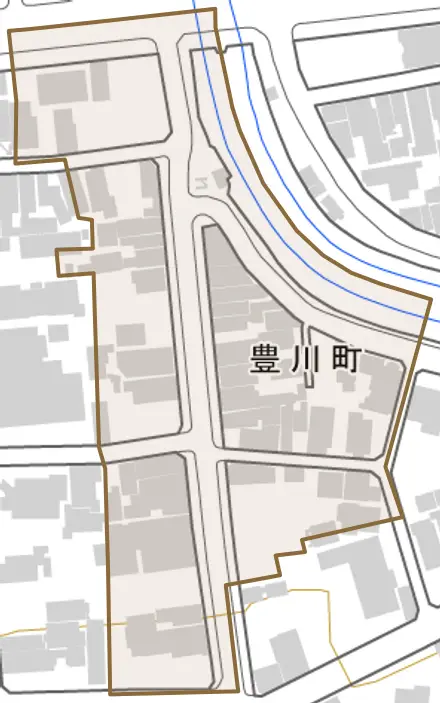 豊川町とその周辺の地図。町の範囲を重ねている