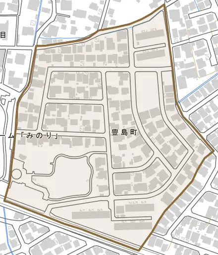 豊島町とその周辺の地図。町の範囲を重ねている