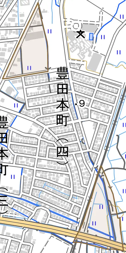 豊田とその周辺の地図。町の範囲を重ねている
