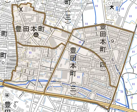 豊田本町とその周辺の地図。町の範囲を重ねている