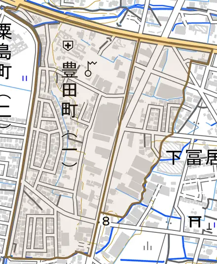 豊田町とその周辺の地図。町の範囲を重ねている