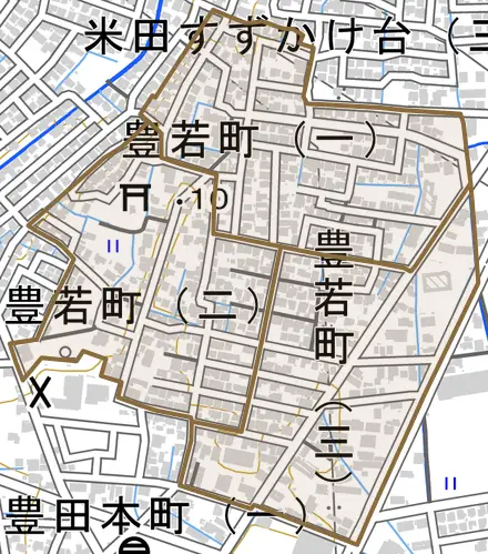 豊若町とその周辺の地図。町の範囲を重ねている