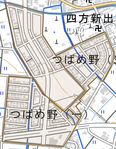 つばめ野とその周辺の地図。町の範囲を重ねている
