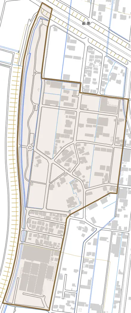 塚原とその周辺の地図。町の範囲を重ねている