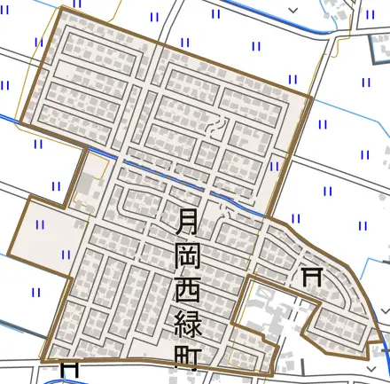 月岡西緑町とその周辺の地図。町の範囲を重ねている