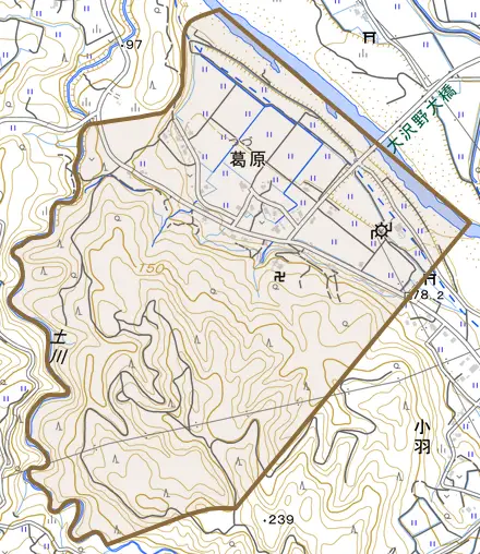 葛原とその周辺の地図。町の範囲を重ねている