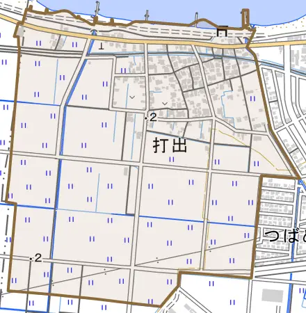 打出とその周辺の地図。町の範囲を重ねている