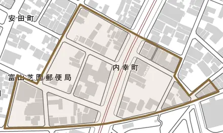 内幸町とその周辺の地図。町の範囲を重ねている