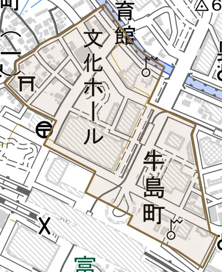 牛島町とその周辺の地図。町の範囲を重ねている