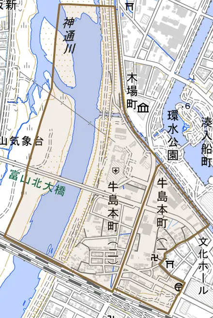 牛島本町とその周辺の地図。町の範囲を重ねている
