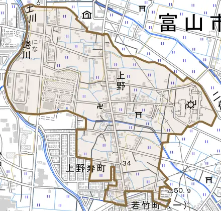 上野とその周辺の地図。町の範囲を重ねている