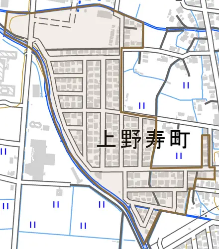 上野寿町とその周辺の地図。町の範囲を重ねている