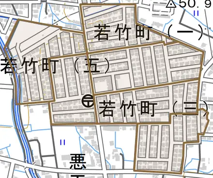 若竹町とその周辺の地図。町の範囲を重ねている