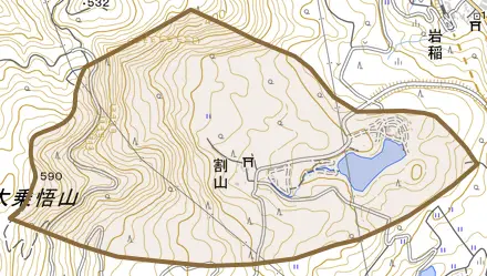 割山とその周辺の地図。町の範囲を重ねている
