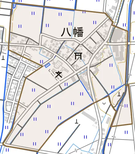 八幡とその周辺の地図。町の範囲を重ねている
