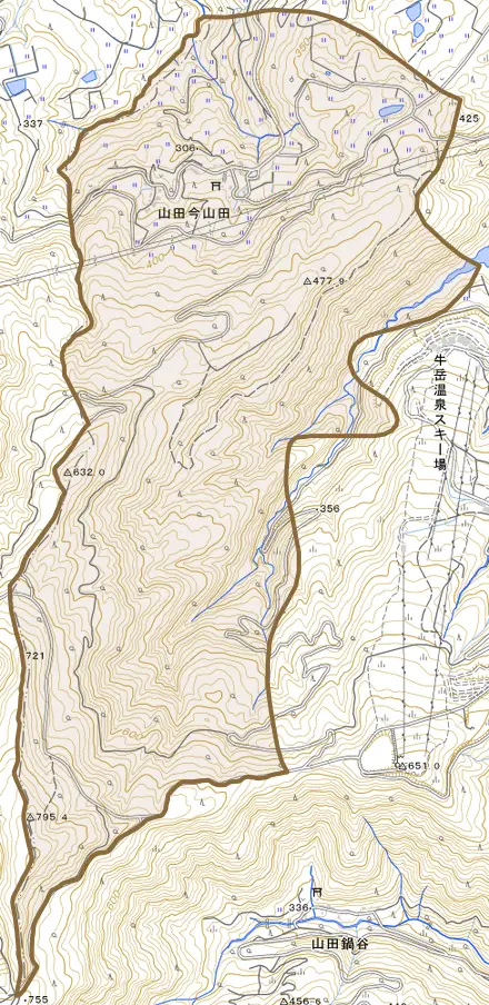 山田今山田とその周辺の地図。町の範囲を重ねている