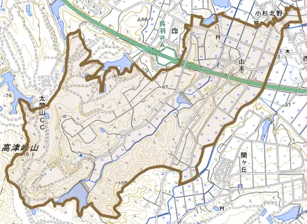 山本とその周辺の地図。町の範囲を重ねている