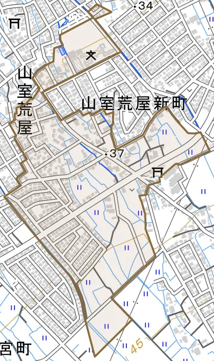 山室荒屋とその周辺の地図。町の範囲を重ねている