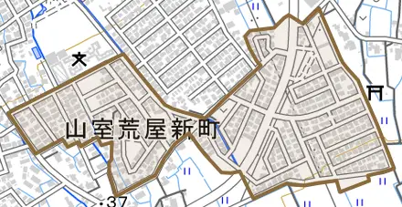 山室荒屋新町とその周辺の地図。町の範囲を重ねている