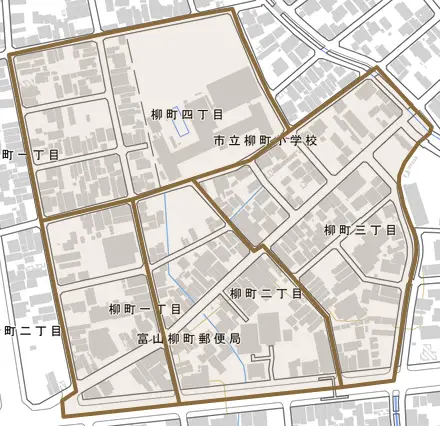 柳町とその周辺の地図。町の範囲を重ねている