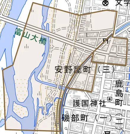 安野屋町とその周辺の地図。町の範囲を重ねている