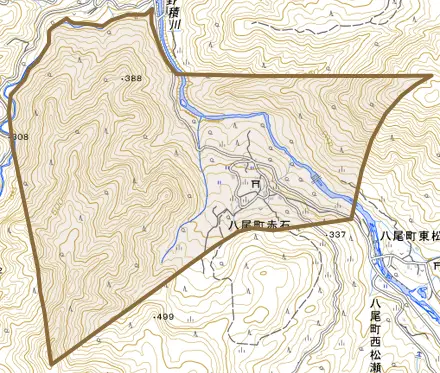 八尾町赤石とその周辺の地図。町の範囲を重ねている