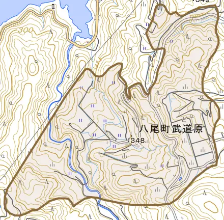 八尾町武道原とその周辺の地図。町の範囲を重ねている