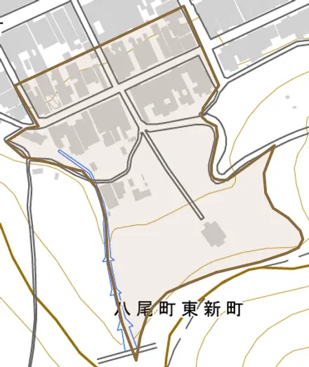 八尾町東新町とその周辺の地図。町の範囲を重ねている
