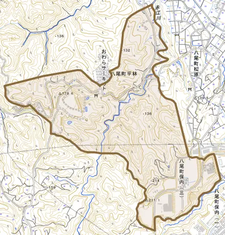 八尾町平林とその周辺の地図。町の範囲を重ねている