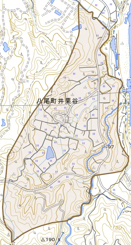 八尾町井栗谷とその周辺の地図。町の範囲を重ねている