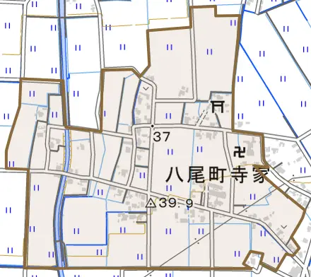 八尾町寺家とその周辺の地図。町の範囲を重ねている