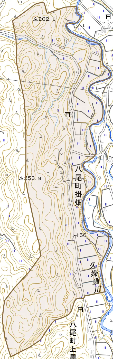 八尾町掛畑とその周辺の地図。町の範囲を重ねている
