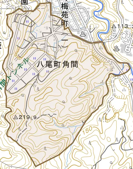 八尾町角間とその周辺の地図。町の範囲を重ねている