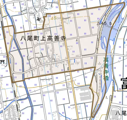 八尾町上高善寺とその周辺の地図。町の範囲を重ねている