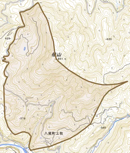 八尾町上牧とその周辺の地図。町の範囲を重ねている