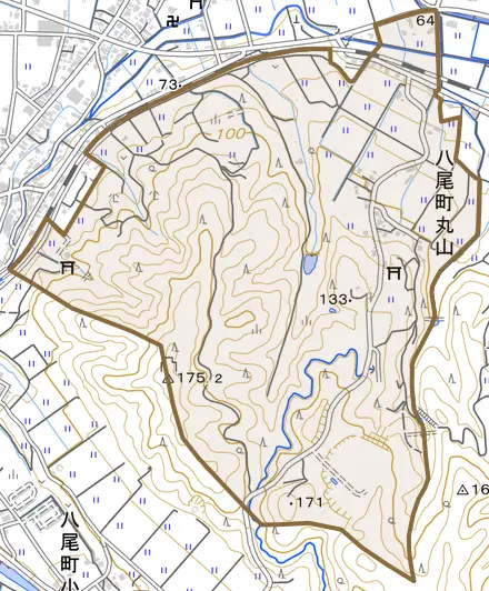 八尾町丸山とその周辺の地図。町の範囲を重ねている