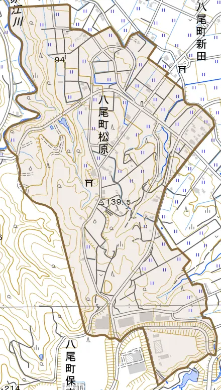 八尾町松原とその周辺の地図。町の範囲を重ねている